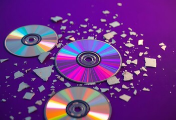 Shattered compact disc fragments scattered on deep violet background, debris, broken pieces