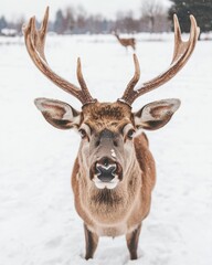 Fototapeta premium Close up of a majestic red deer stag standing in a snowy field looking directly at the camera winter scene