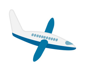 Airplane white with blue flying in sky isolated on white or transparent background. Vector illustration. Closeup element for travel design decoration. Transport.
