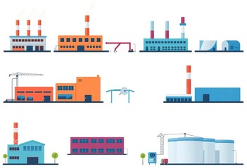 Set of flat style vector icons depicting factory, power plant, manufacturing, industrial, and warehouse buildings Isolated on white background, symbol, line
