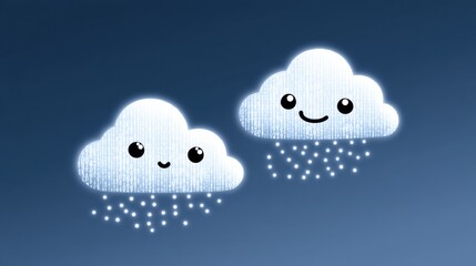 Two cute cartoon clouds with smiling faces and falling raindrops on a blue background.