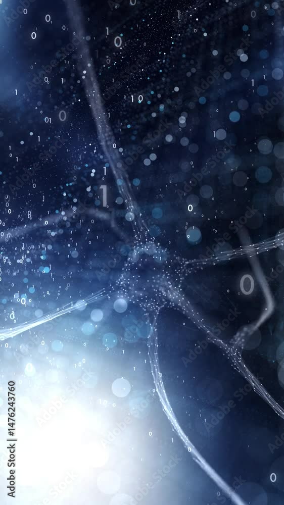 Poster looping shining nerve cell on a blue vertical digital artificial intelligence network.
