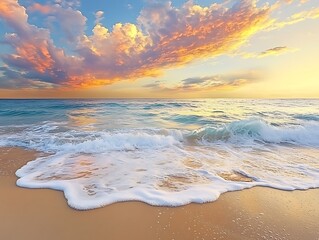 An idyllic beach scene at sunset with gentle waves lapping the shore and a vibrant sky filled with colorful clouds