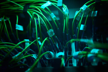 Naklejka premium Network cables with labels are connected to servers in a dimly lit data center, glowing with blue and green lights creating a high-tech environment