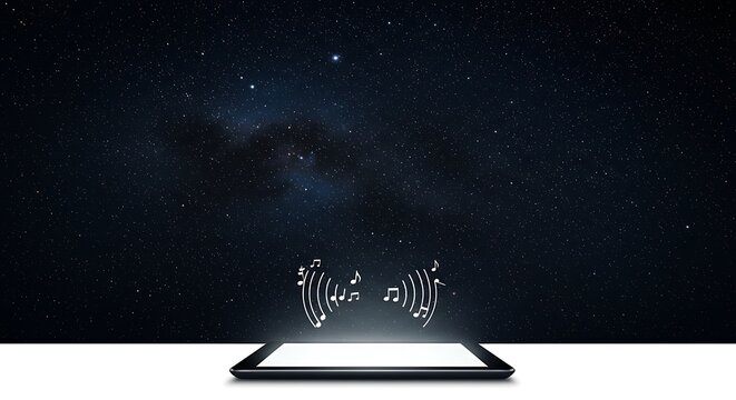hyper realistic digital art, tablet emitting soft notes under starry sky, subject at bottom. ,isolated on bright background, no text