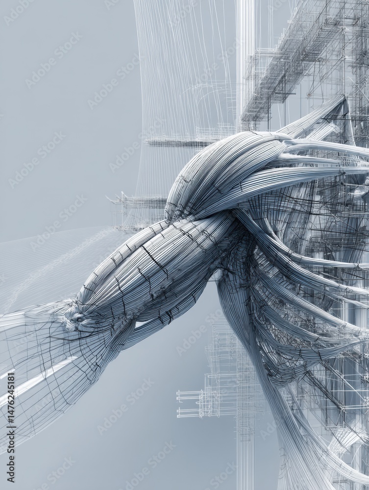 Leinwandbilder 3D Wireframe Visualization of Muscle Structure in Detailed Design Layout Showing Intricate Connections and Anatomical Accuracy