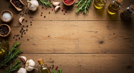 Rustic Wooden Table with Cooking Spices, Herbs, Olive Oil and Culinary Ingredients with Copy Space generative ai