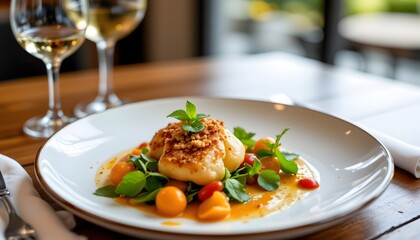 a meal served on a white plate atop a wooden table