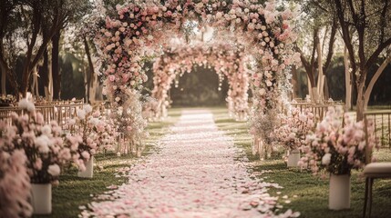 Obraz premium Romantic Outdoor Wedding Ceremony with Pink Floral Arch