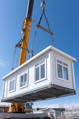 A crane lifts a prefabricated modular building under a clear blue sky at a construction site.