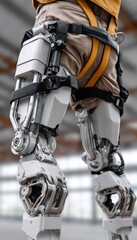 A person wearing a high-tech robotic exoskeleton suit, designed for enhanced mobility and strength in an industrial setting.