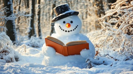 Obraz premium Snowman Reading Book In Winter Forest. Winter Holidays And Festive Season Concept.