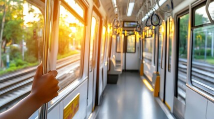 Inside a modern train car, hand on a grab bar, sunlight streaming through windows