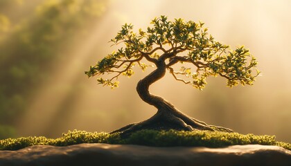 An isolated bonsai tree set against a backdrop of soft diffused light showcasing its intricate details