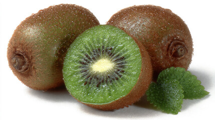 a vibrant watercolor artwork featuring a cross-section of a ripe kiwi with its black seeds and green flesh, surrounded by glistening juice. ripe kiwi detail.
