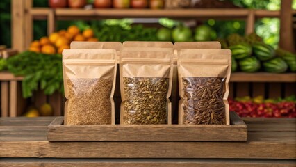 Pouches of seeds displayed on a wooden shelf, surrounded by fresh produce in the background, creating a vibrant market atmosphere.
