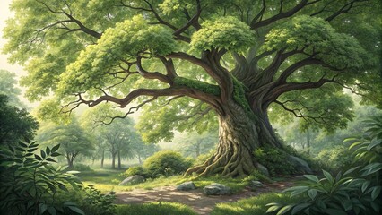 Fototapeta premium Lush Deciduous Tree with Gnarled Trunk and Vivid Canopy