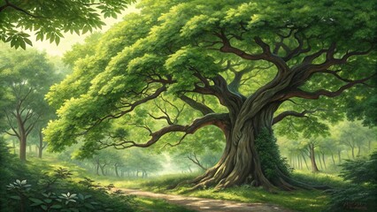 Fototapeta premium Lush Deciduous Tree with Gnarled Trunk and Vivid Canopy