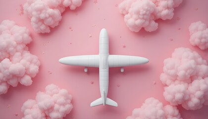 Top View of White Plane Model on Pink Background with Clouds for Travel and Dreamy Aesthetic Design