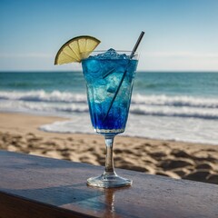 "A stylish cocktail glass with a vibrant blue drink, garnished with a slice of lime and a tiny umbrella, set on a beach table with ocean waves in the distance."