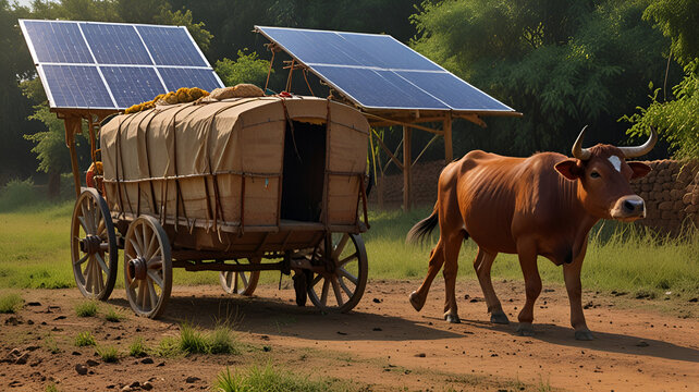 Traditional bullock cart with modern solar attachments in rural India


