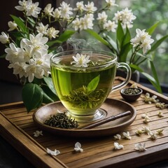 "A glass teacup filled with herbal green tea, resting on a bamboo tray with steam gently rising, surrounded by loose tea leaves and a blooming jasmine flower."