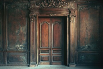 Ornate wooden door in a paneled room