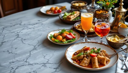 a table set for a meal, possibly a breakfast or brunch spread, given the presence of toast and vario