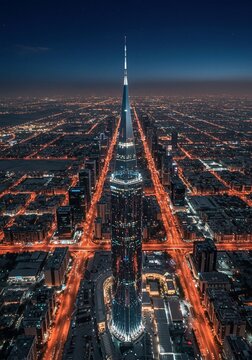 The distinctive inverted parabolic arch of the towering Kingdom Centre shines brightly, a focal point in the vast, illuminated urban setting of Riyadh.