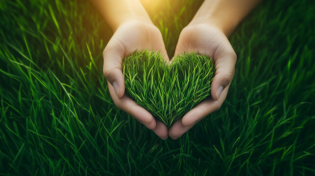 Hands forming heart shape around lush green grass in sunlight abstract background, Perfect for eco campaigns, sustainability themes, and nature wellness ads