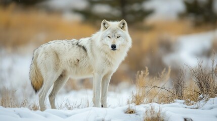 Obraz premium Majestic White Wolf Standing In A Snowy Landscape, Looking Directly At The Viewer.
