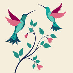 Elegant Hummingbird and Flower Branch Hand Drawn Vector on White