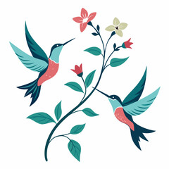 Elegant Hummingbird and Flower Branch Hand Drawn Vector on White