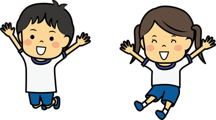 喜ぶ男女の日本人小学生