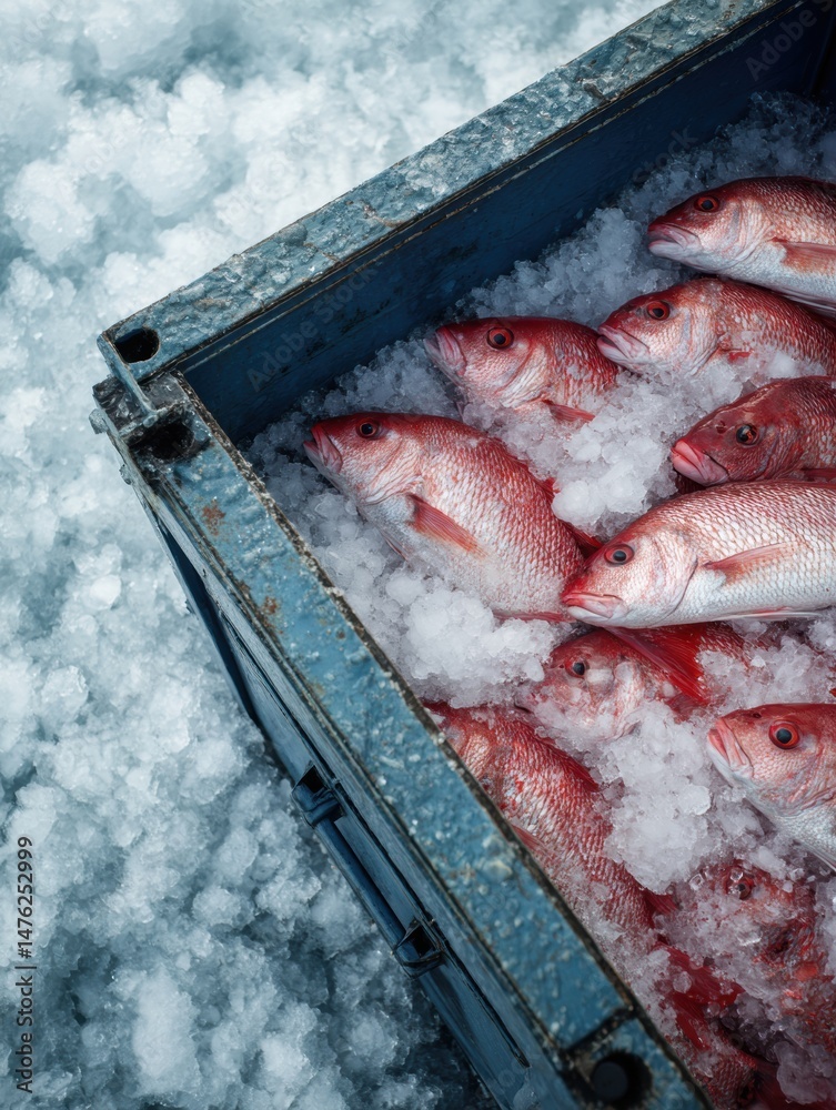 Aufkleber fresh red snapper on ice in an open crate at a fish market during the early morning hours