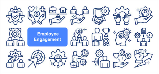 Employee engagement icon collection set. Containing workload, motivation, expectation, goal, recognition, appreciation, inclusion icon. Simple line vector.

