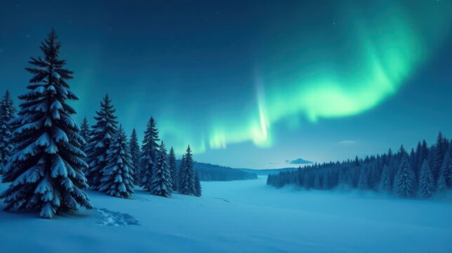 Enchanted Winter Night Snow-Covered Pine Trees Under a Celestial Aurora Display