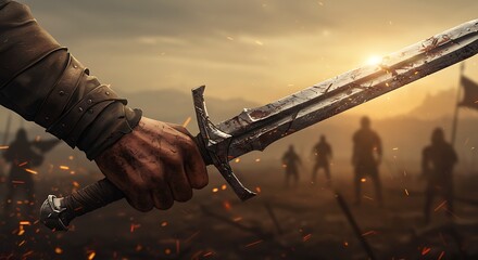 Illustration of hand gripping battleworn sword, digital art, gritty style
