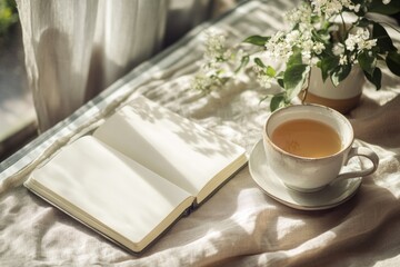 Cozy tea cup and open blank journal on a sunlit table  