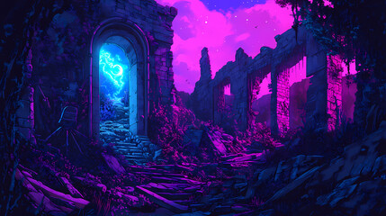 Fototapeta premium Mysterious ancient ruins with neon accents. [neon folklore] | electric spirits | charged legends. illustration. [Neon Folklore] | PulseRune Thread | luminous rune. Illustration
