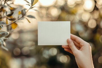 Hand holding blank card mockup against soft blurred nature background  