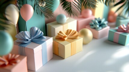 Pastel-colored gift boxes, balloons, and ornaments create a festive scene