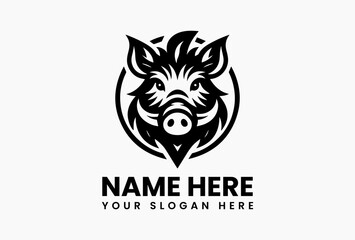 Monochrome Wild Boar Vector Logo Illustration. Minimalist Animal Art