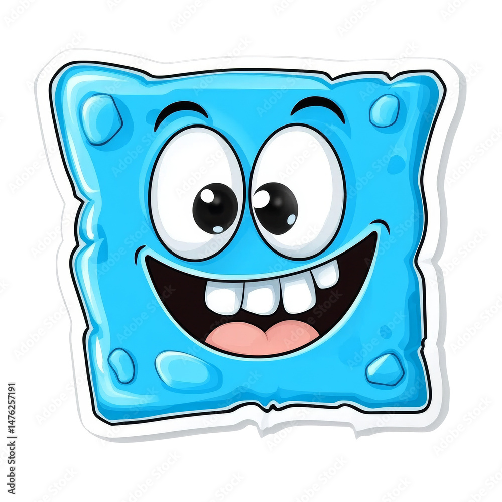 Poster Playful ice cube character with a cheerful expression on a clean backdrop