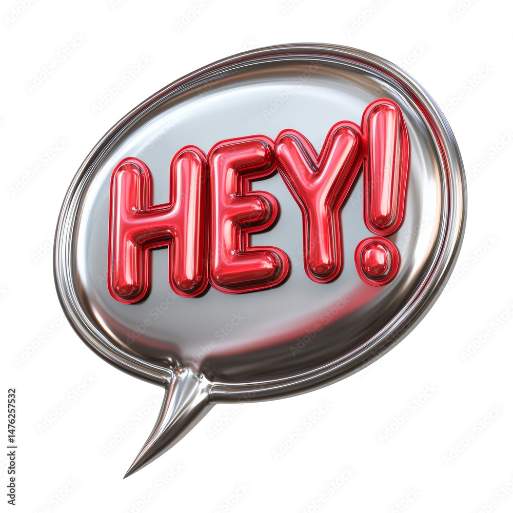 Poster vibrant red 'hey!' word in a glossy speech bubble, evoking playful communication and modern digital 