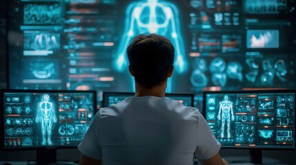 A medical professional analyzes digital body scans on multiple computer monitors in a high-tech, futuristic setting.