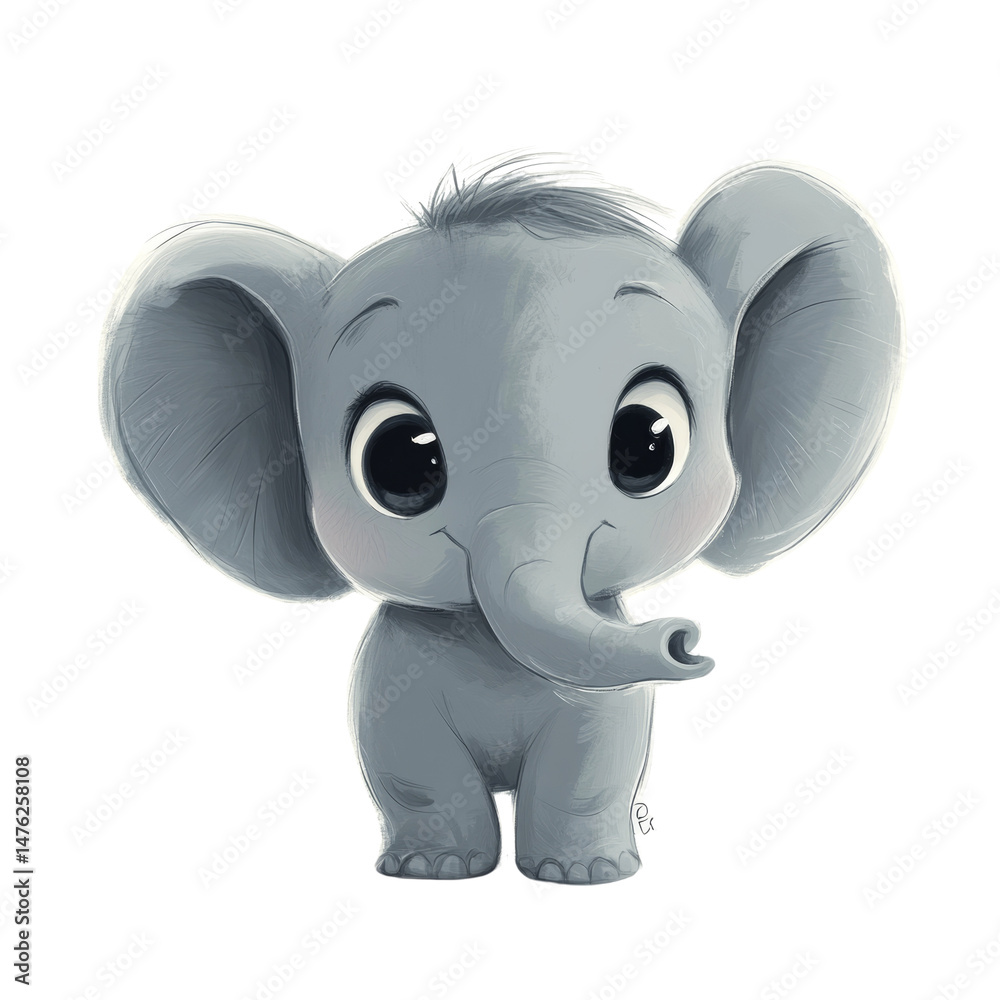 Poster charming depiction of an elephant calf with exaggerated features against a clean slate