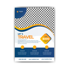 Template design for a modern travel flyer with venue and contact details. Promotional design for summer travel agencies.