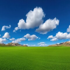 Fototapeta premium Landscape view of green field under blue sky with clouds, wide angle shot, rural scene, daytime, natural light