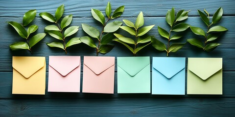 Colorful Envelopes with Greenery Flat Lay Stationery Invitation Postcard Spring Summer Nature Green